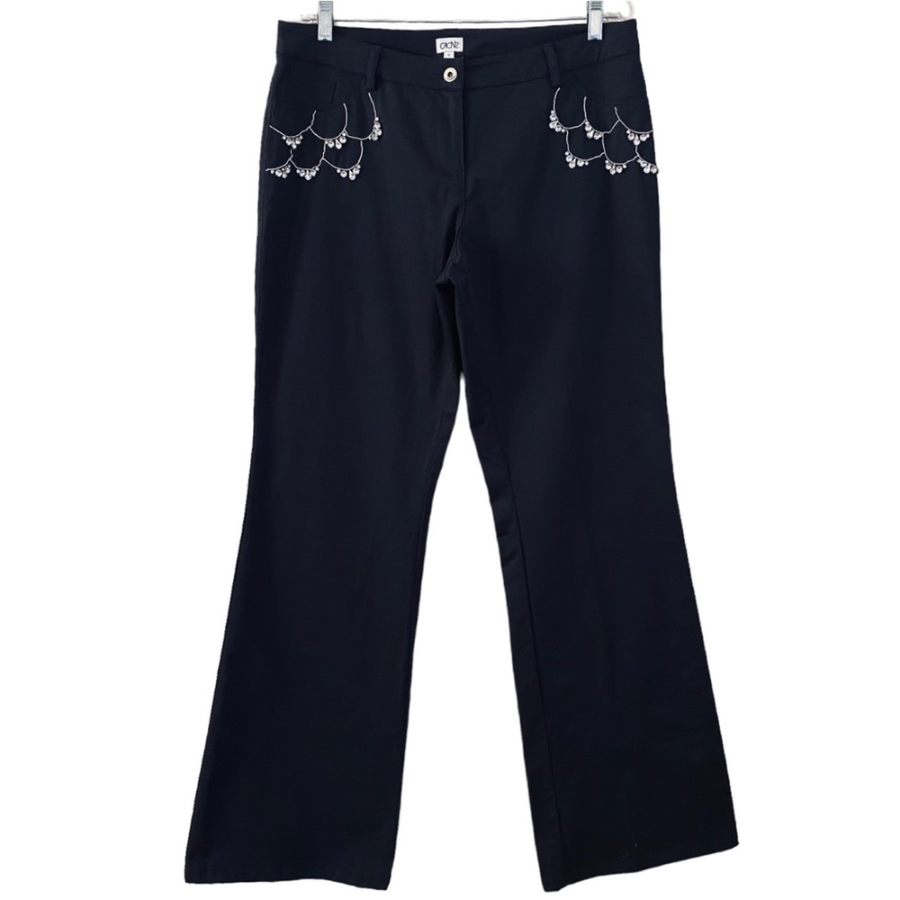 Caché Vintage Black Studded Jewel Stone Lace Pocket‎ Accent Wide Leg Flare Pant